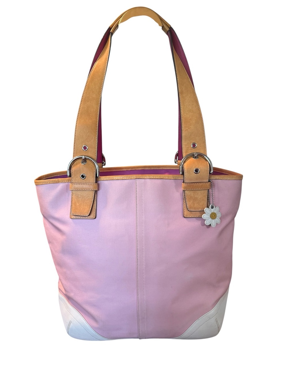 Coach Vintage Hampton Daisy Pink Tote with Tan Leather Straps and White Accents